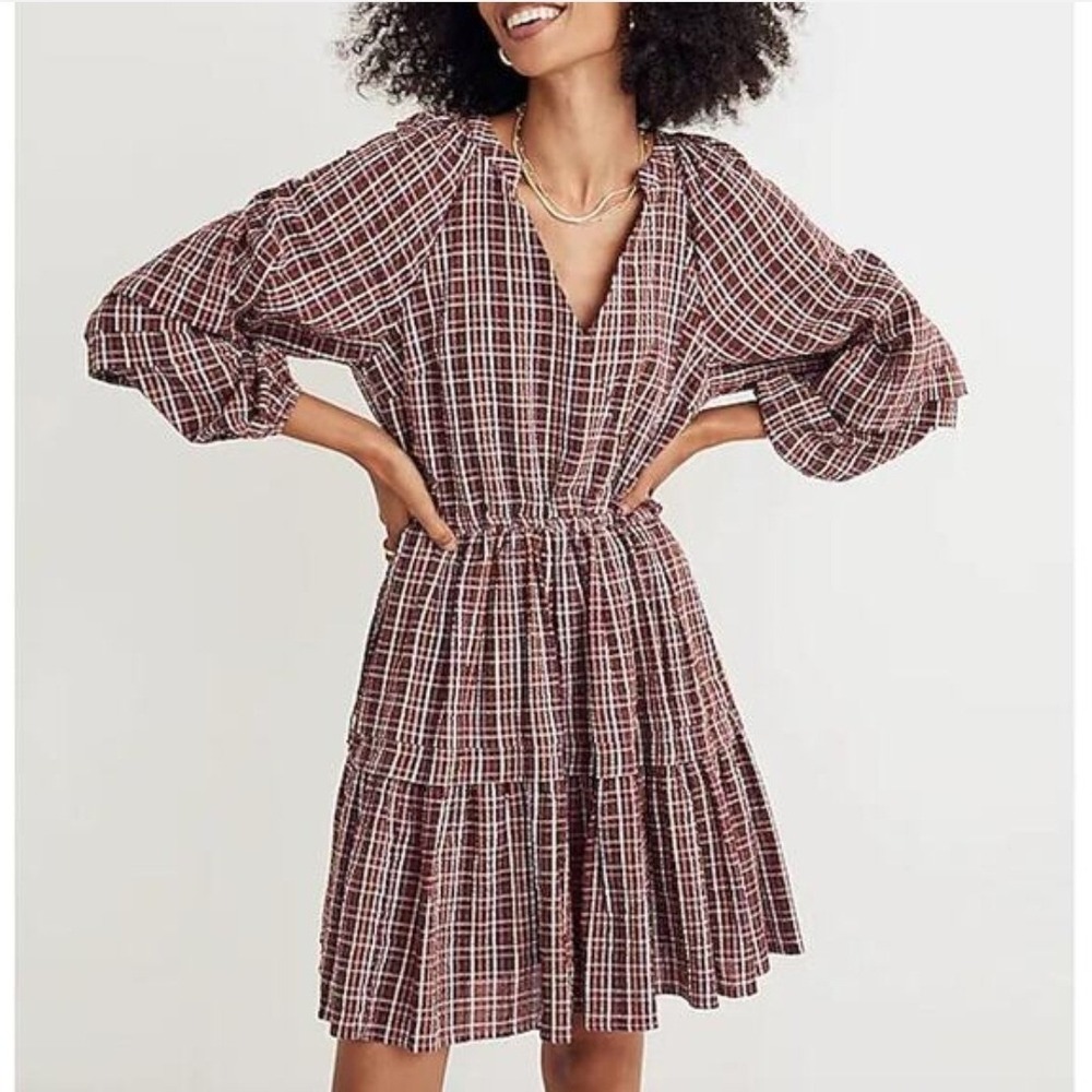 Madewell Seersucker Wrap Mini Dress Dark Red Tartan Merlot
Size Large NWT